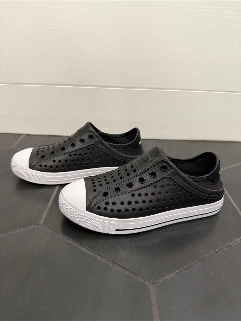 Skechers Men's Black Slip-On Perforated Loafers with White Toe Cap